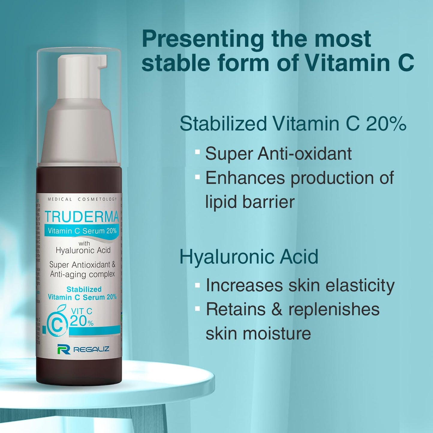 REGALIZ Truderma Vitamin C Serum 20% with Hyaluronic Acid | Anti-Aging, Brightening & Hydrating Formula | 20ml