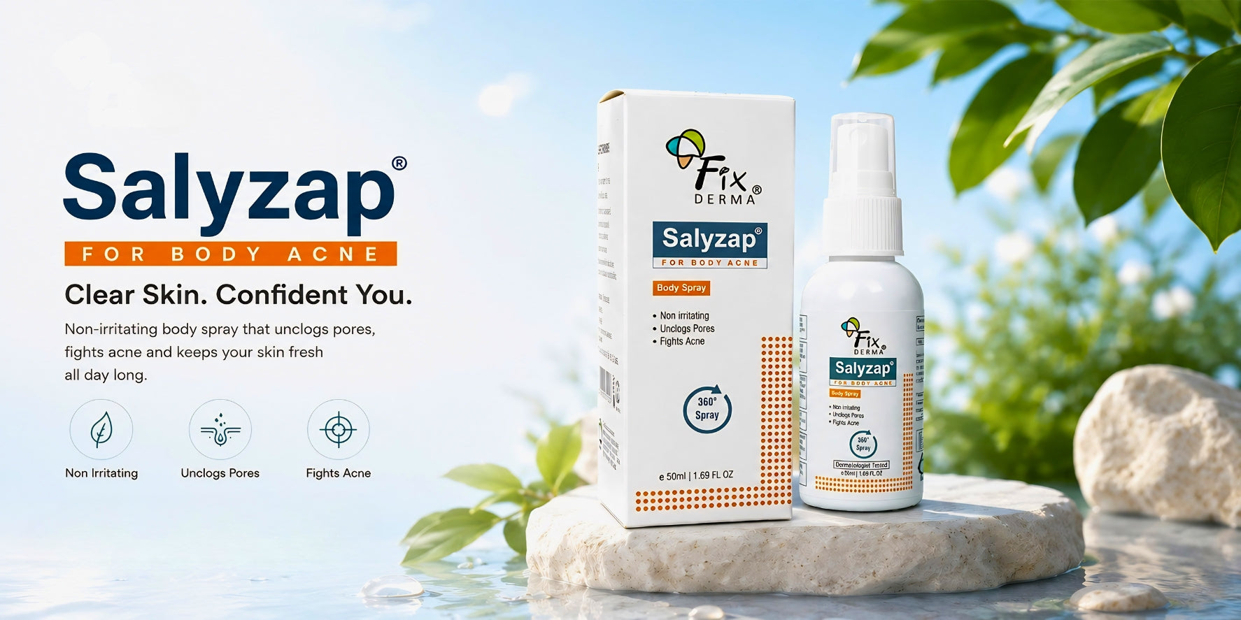 Salyzap body acne treatment spray and packaging on a natural background with plants and rocks.