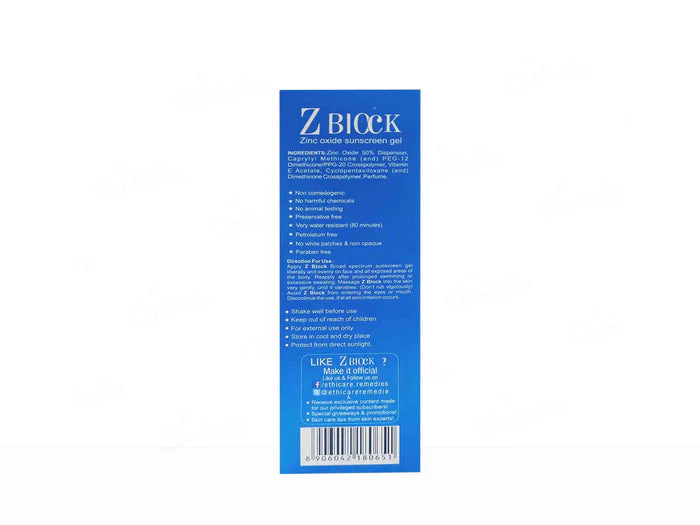 Ethicare Z Block Zinc Oxide Sunscreen Gel SPF 50+ PA+++ 50g