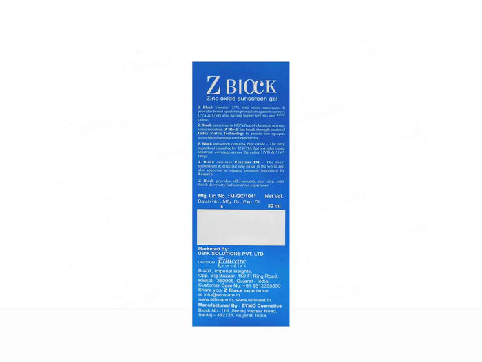 Ethicare Z Block Zinc Oxide Sunscreen Gel SPF 50+ PA+++ 50g